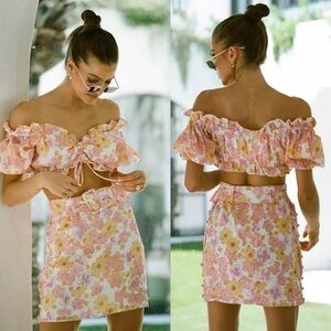 Sabo Floral Cambri Skirt & Top Set In Peach Retro Smudge Size S NWT